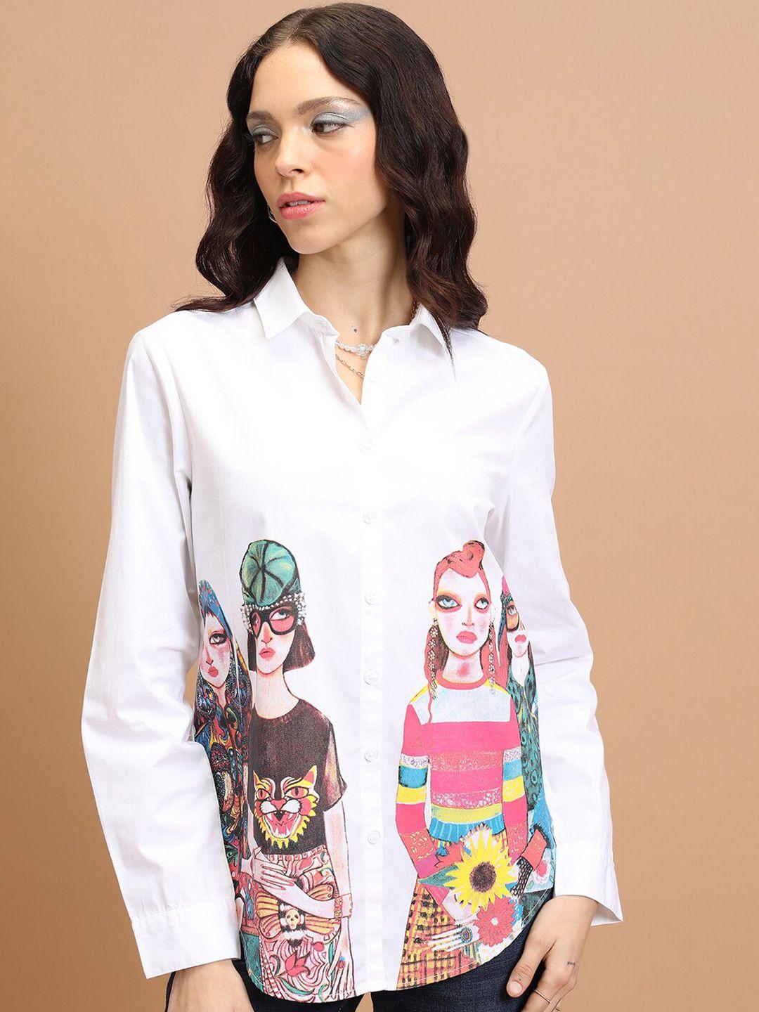 tokyo talkies white graphic printed cotton oversized casual shirt