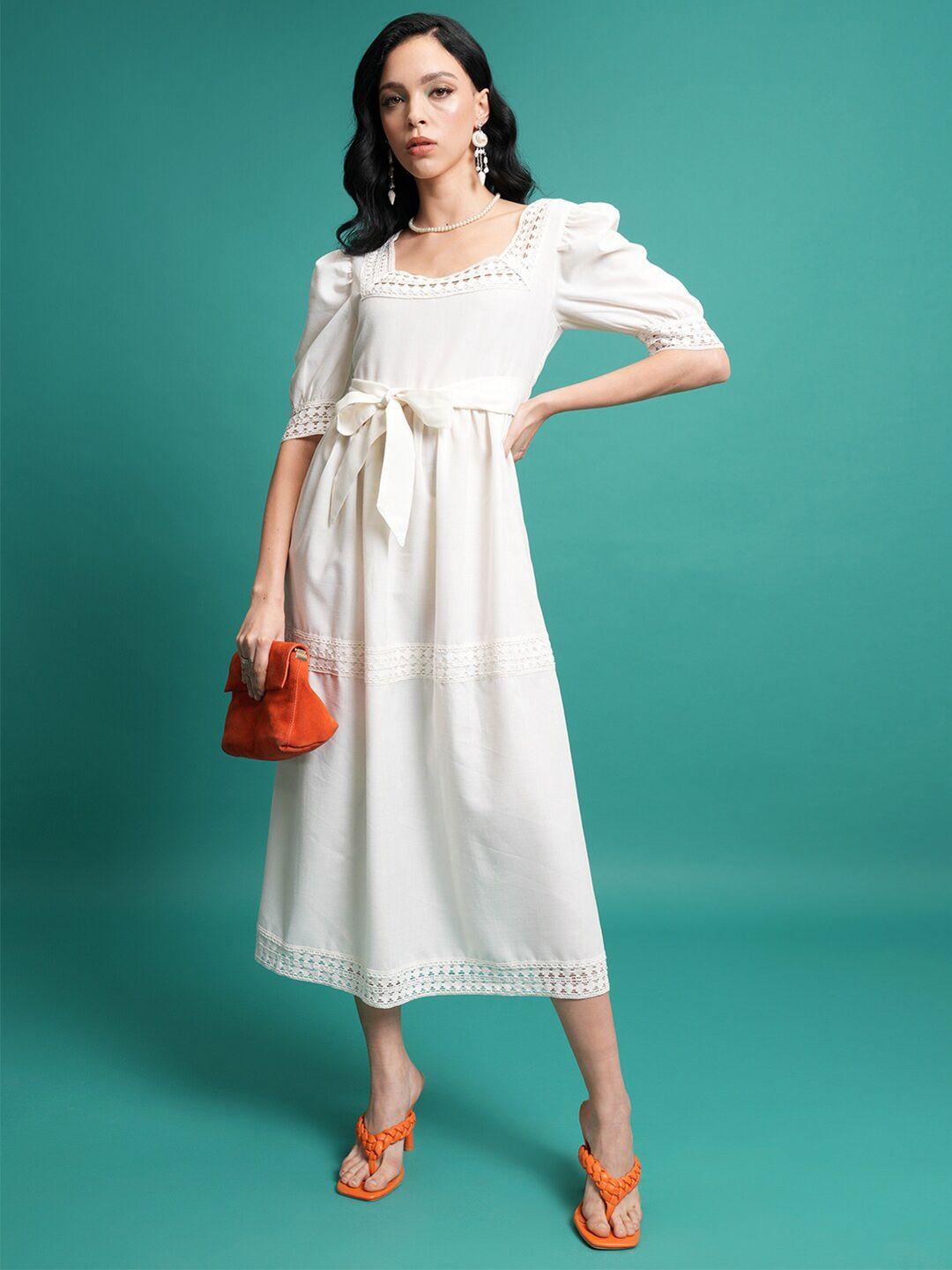 tokyo talkies white puff sleeves a-line midi dress