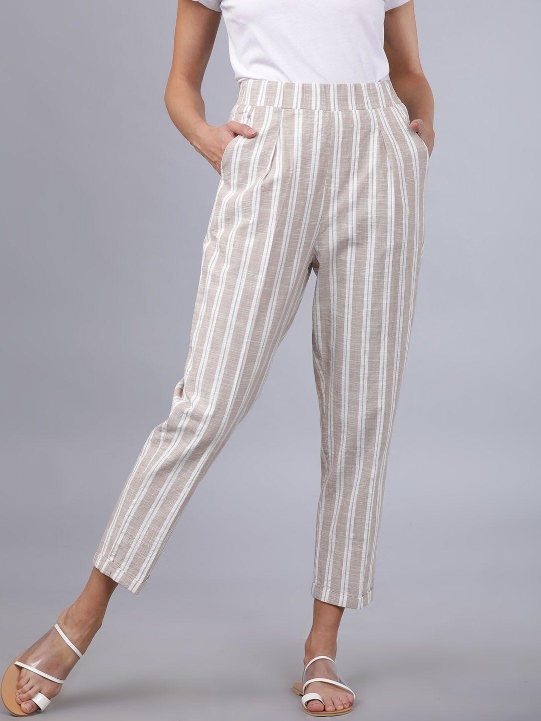 tokyo talkies women beige & off-white regular fit striped regular trousers