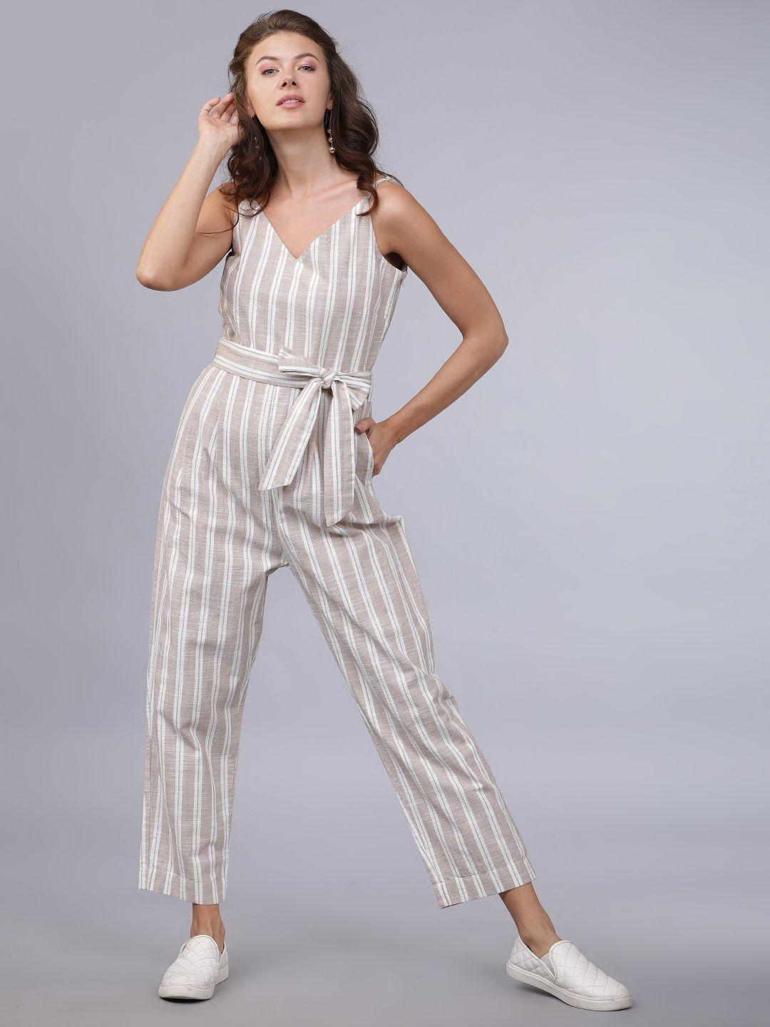 tokyo talkies women beige & white striped basic jumpsuit