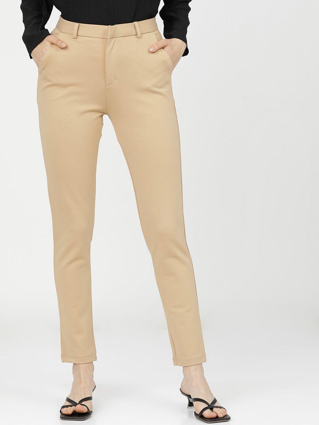 tokyo talkies women beige slim fit high-rise easy wash trousers