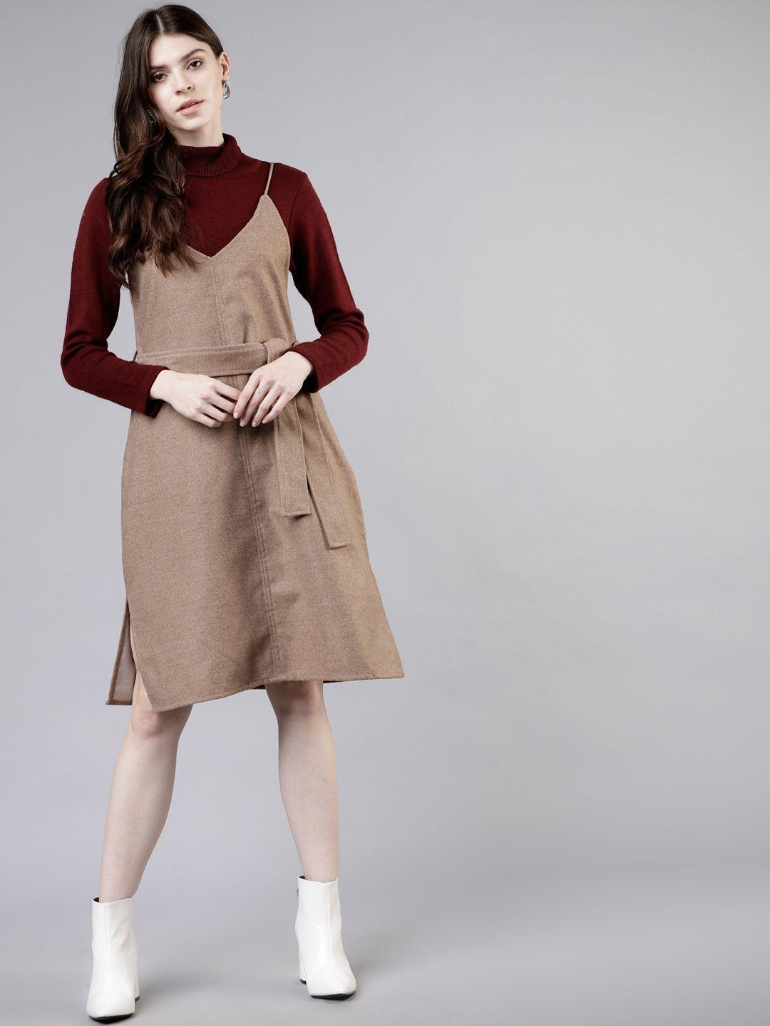 tokyo talkies women beige solid a-line dress