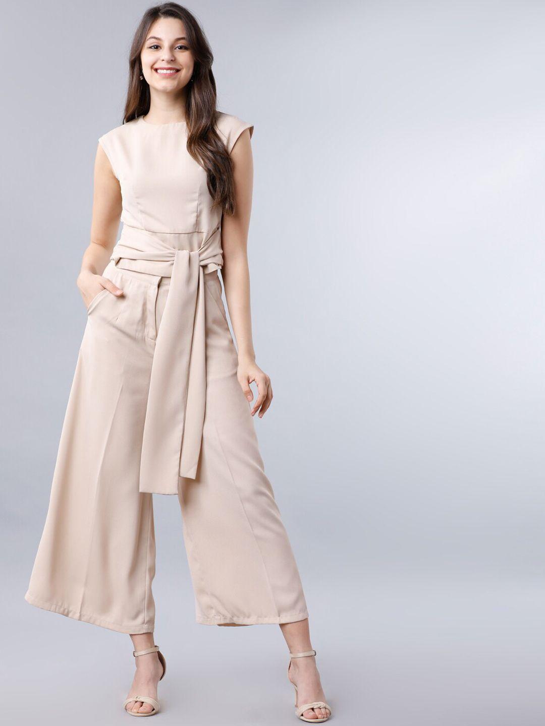 tokyo talkies women beige solid belted top with flared trousers