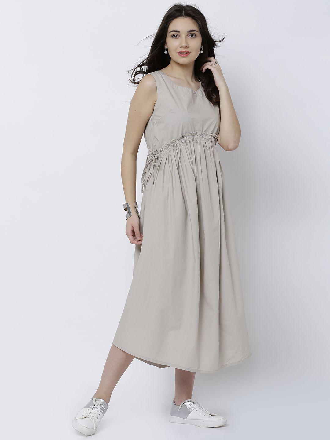 tokyo talkies women beige solid fit and flare dress