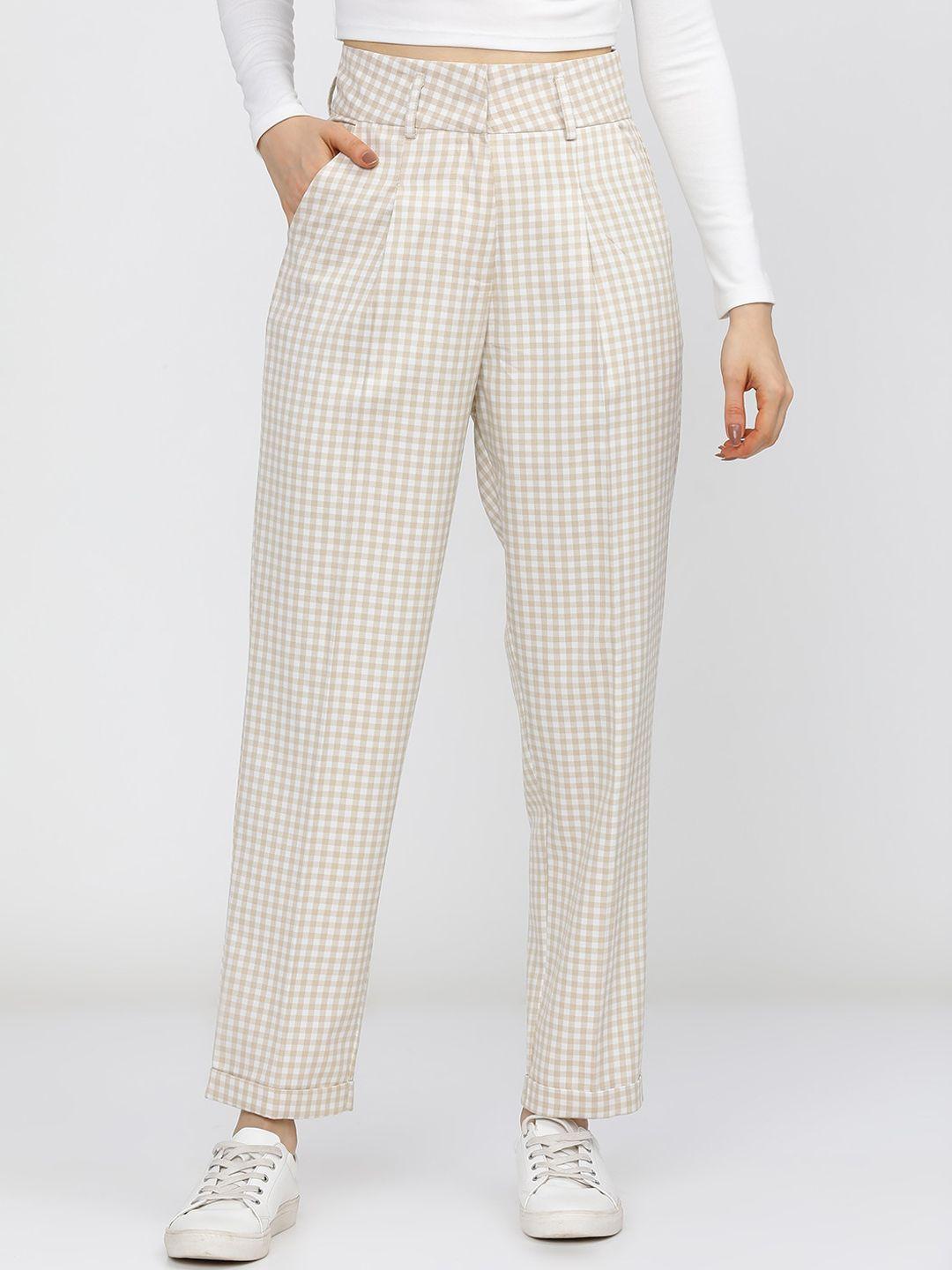 tokyo talkies women beige striped straight fit trousers