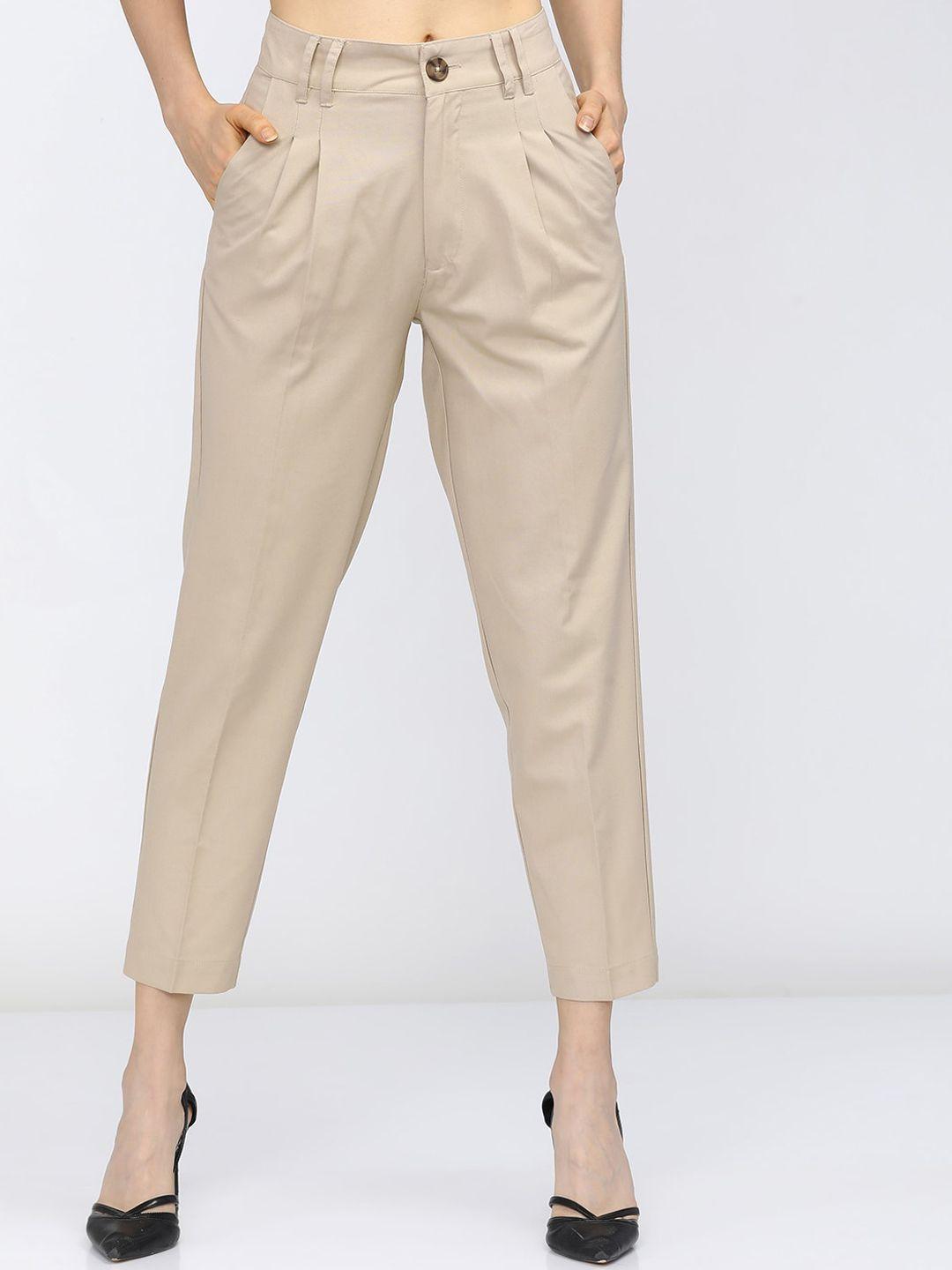 tokyo talkies women beige tapered fit pleated trousers