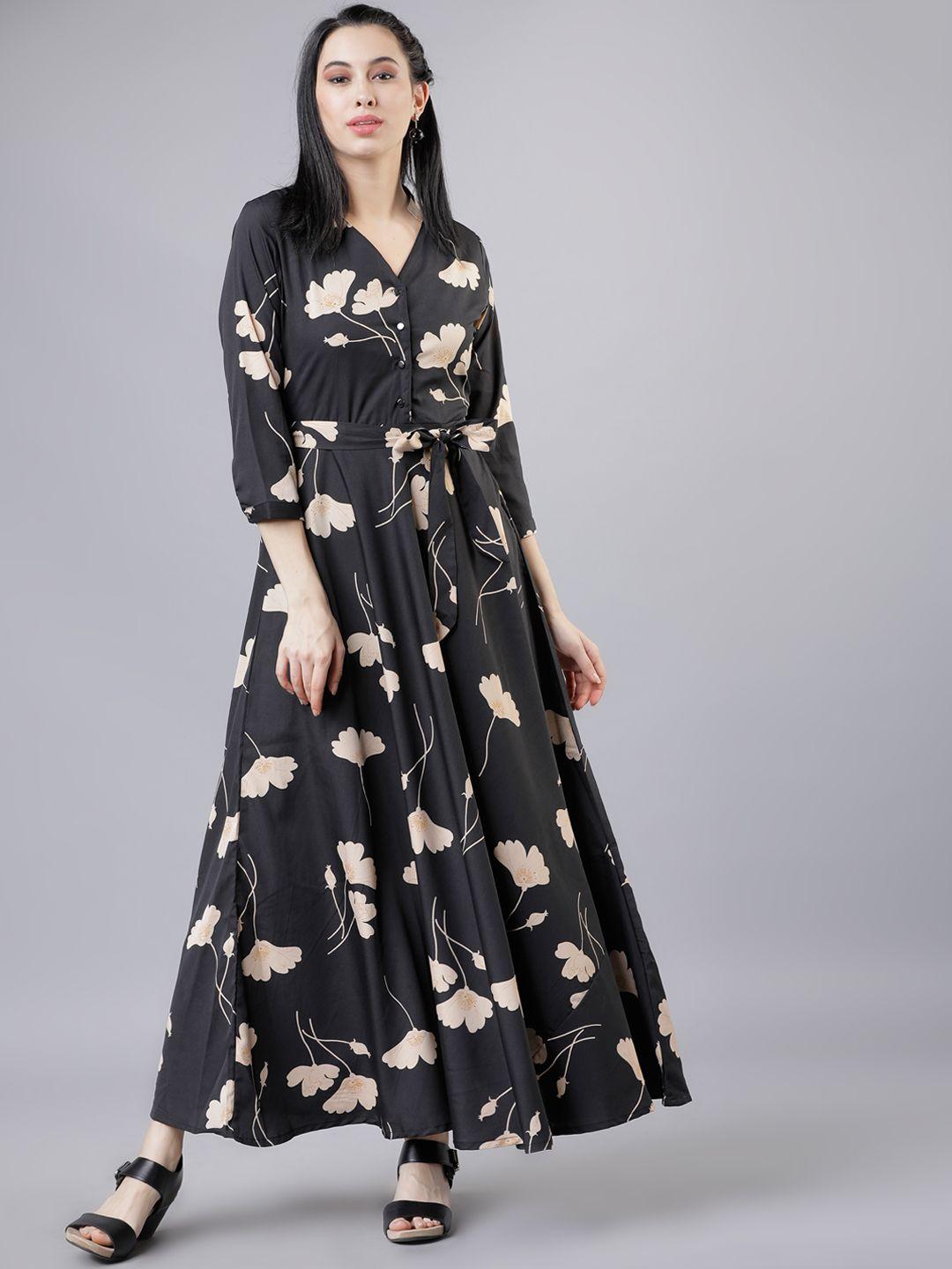 tokyo talkies women black & beige floral print maxi dress