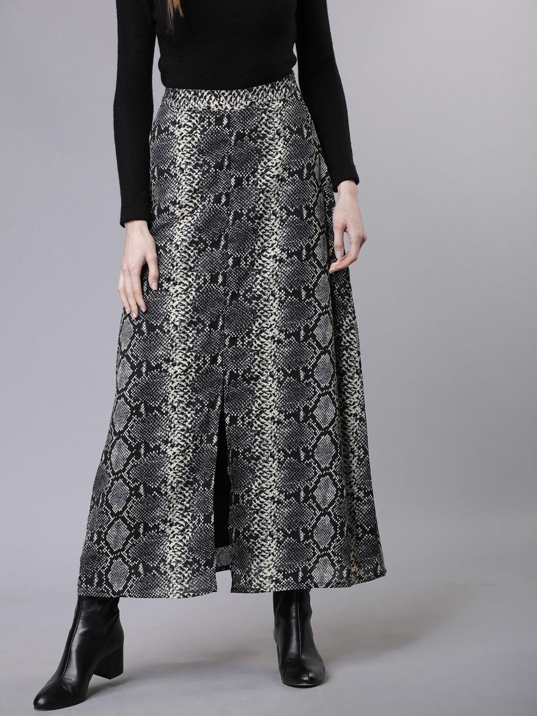 tokyo talkies women black & grey snake skin printed a-line maxi skirt