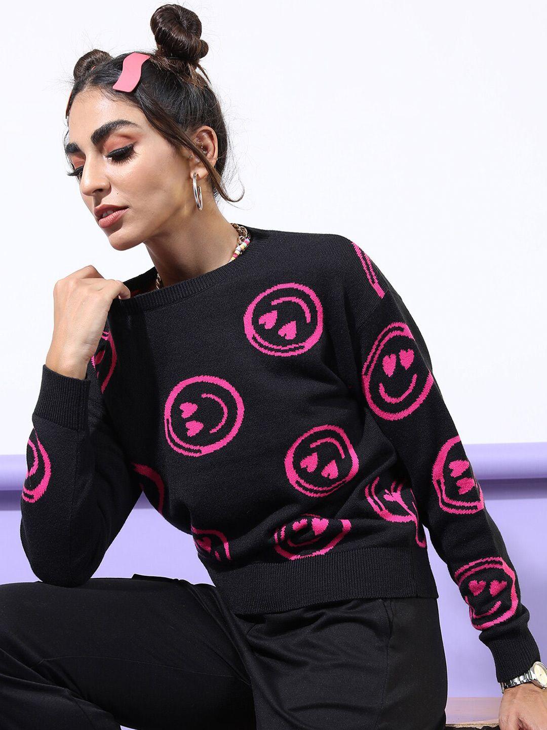 tokyo talkies women black & pink jacquard acrylic crop pullover