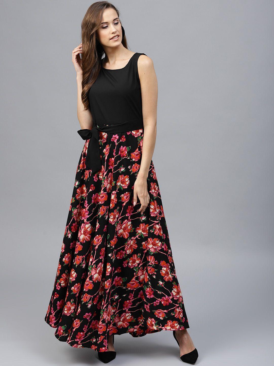 tokyo talkies women black & pink printed maxi dress