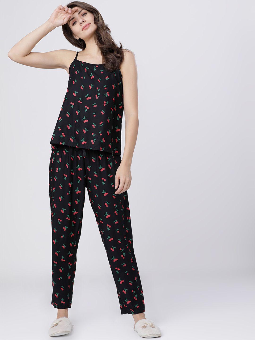 tokyo talkies women black & red printed night suit