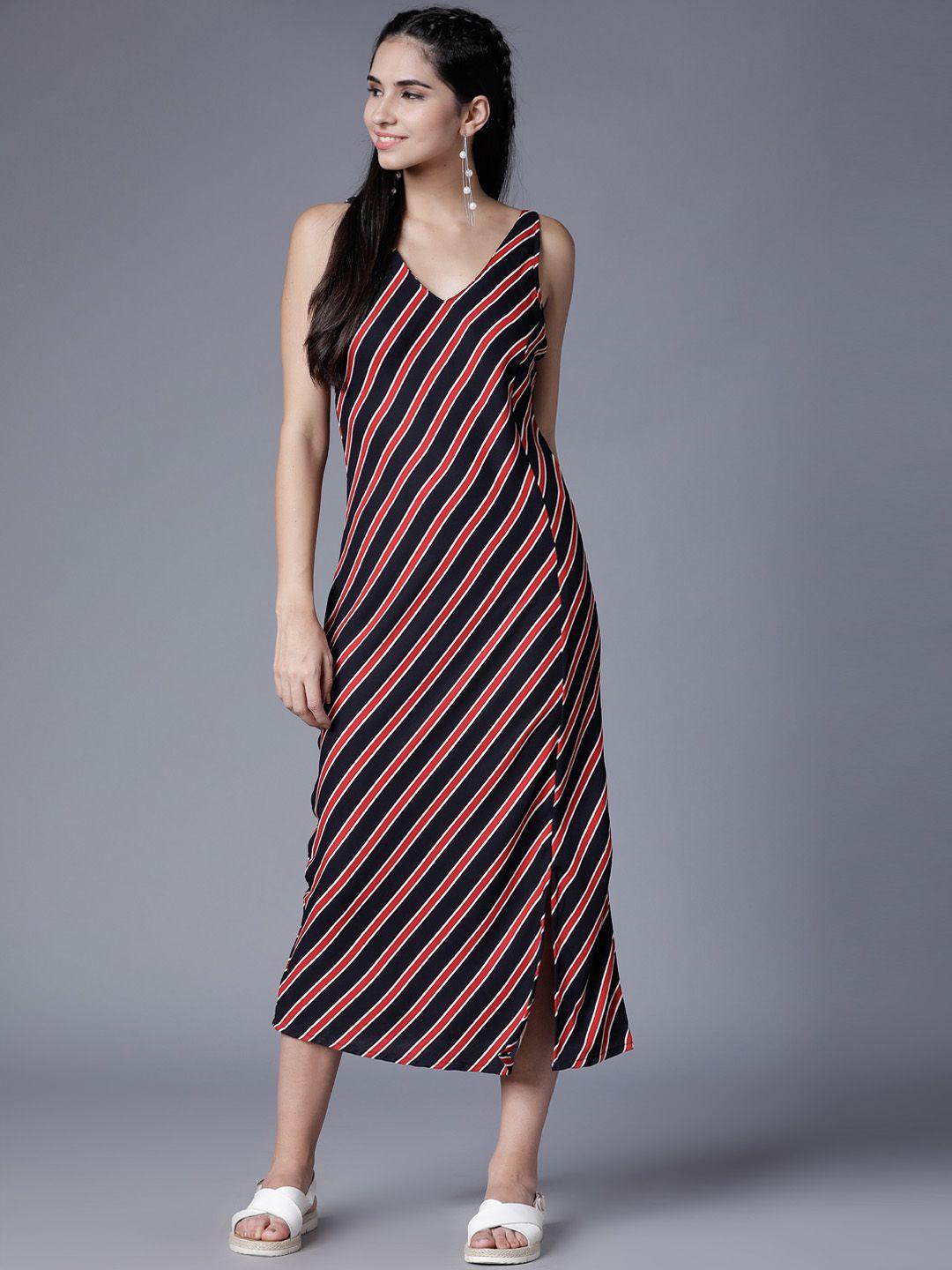 tokyo talkies women black & red striped a-line dress