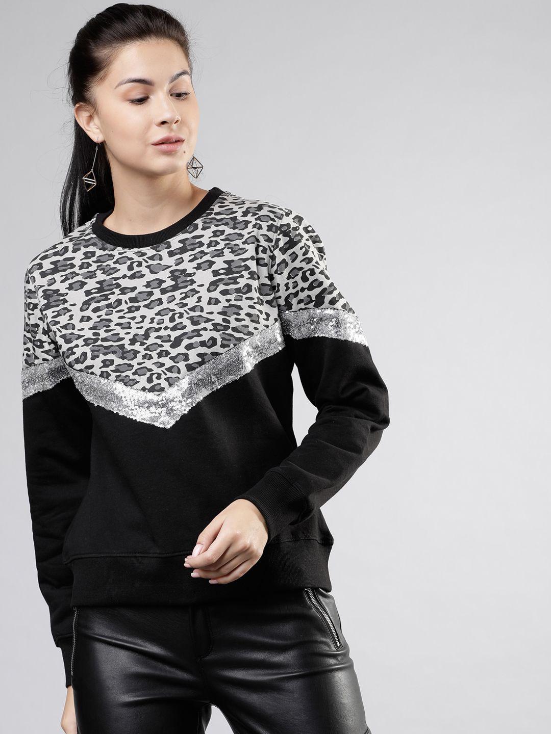 tokyo talkies women black & silver-toned printed sweatshirt