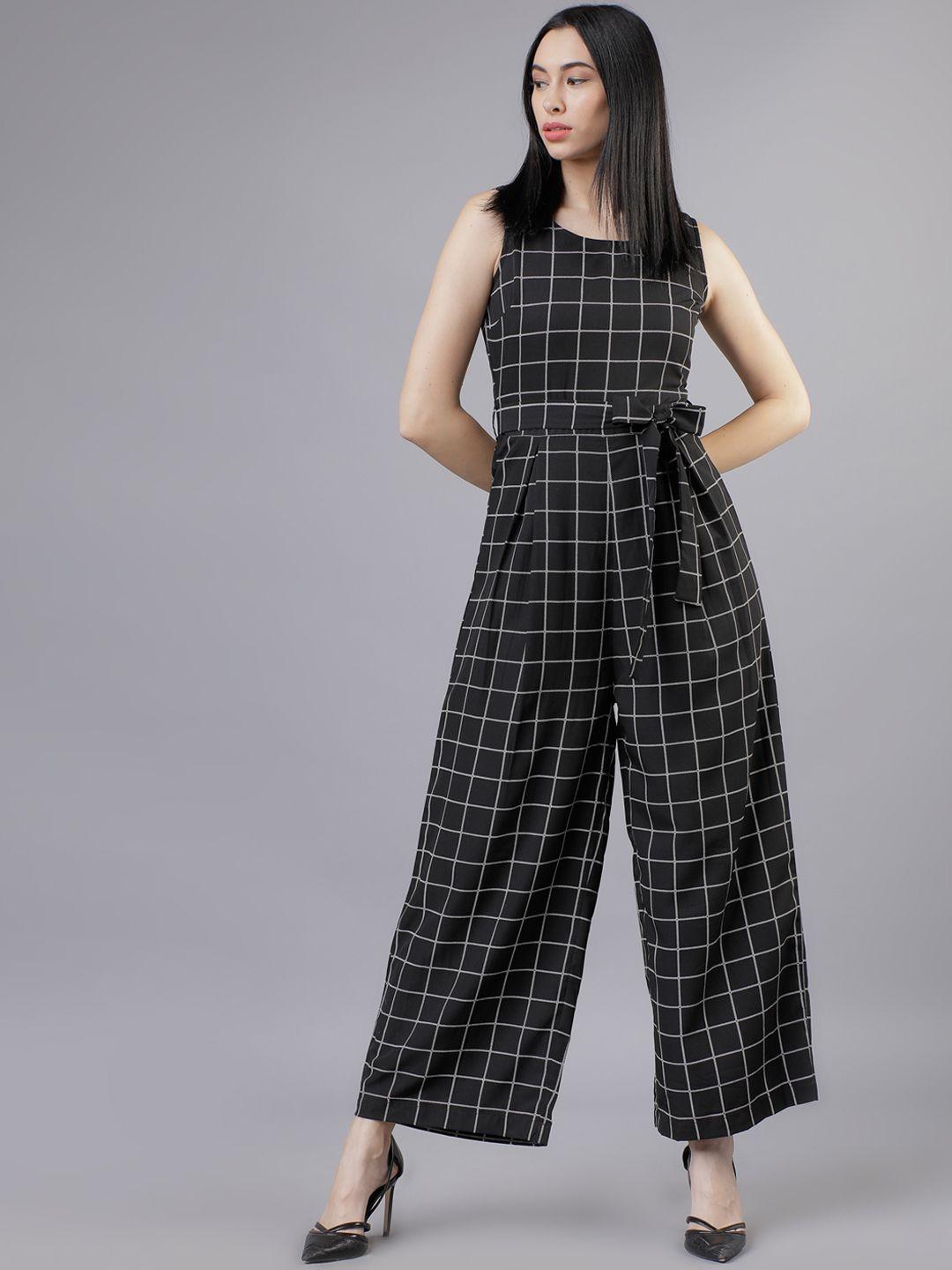 tokyo talkies women black & white checked basic jumpsuit with belt