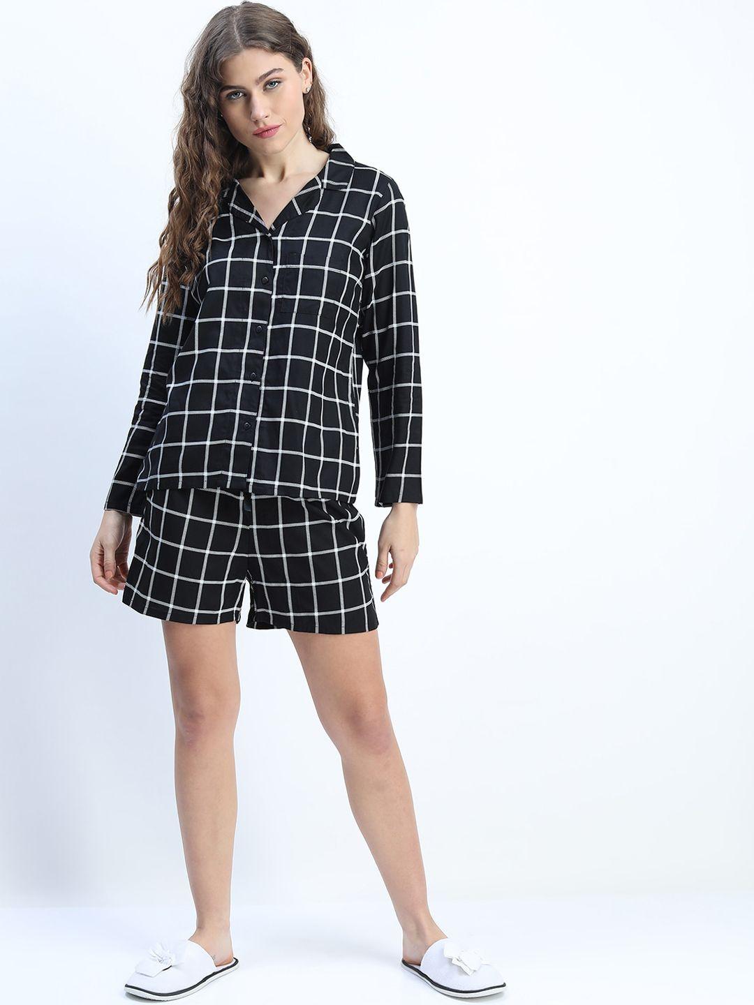 tokyo talkies women black & white checked night suit