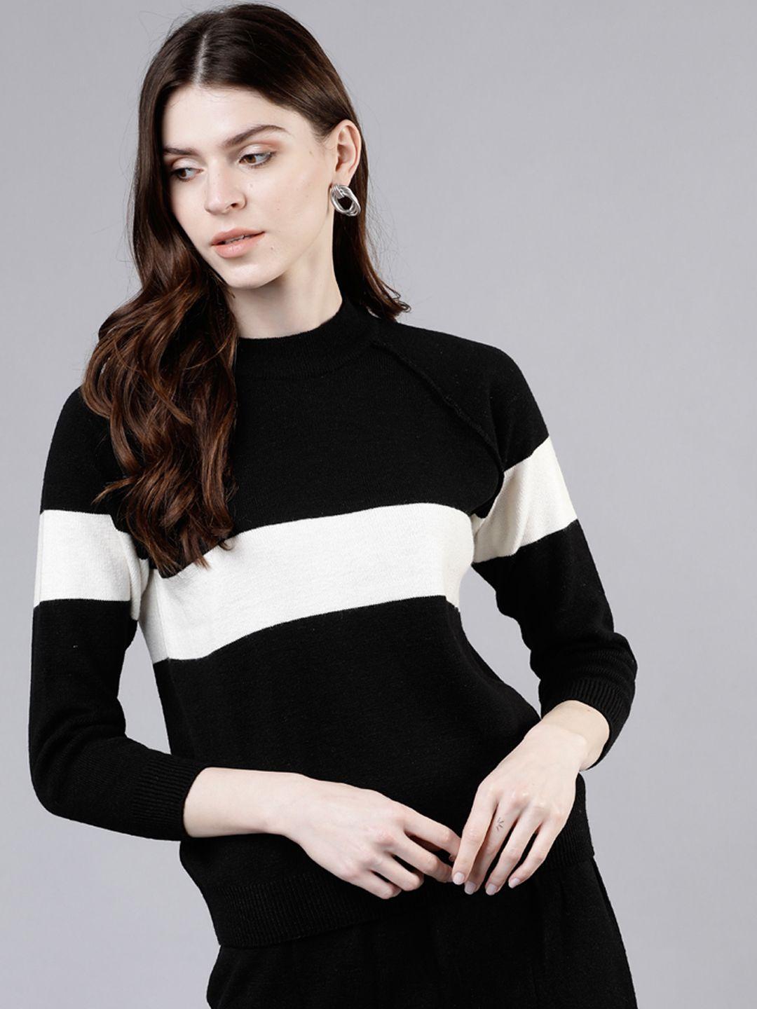 tokyo talkies women black & white colourblocked pullover sweater