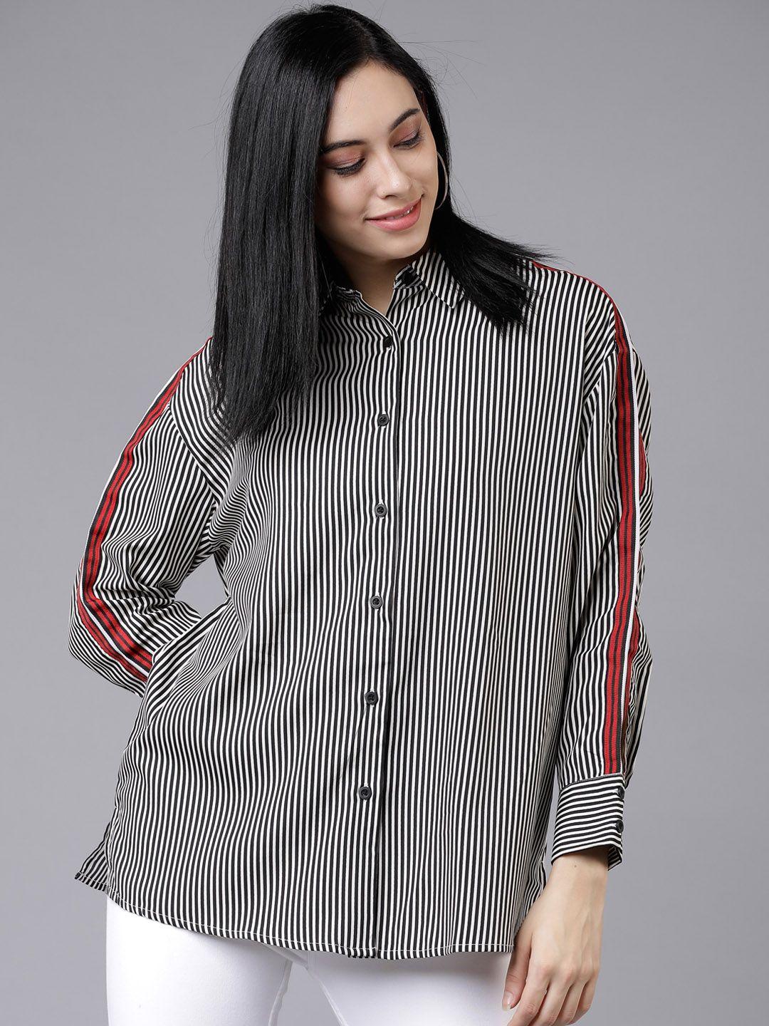 tokyo talkies women black & white regular fit striped casual shirt