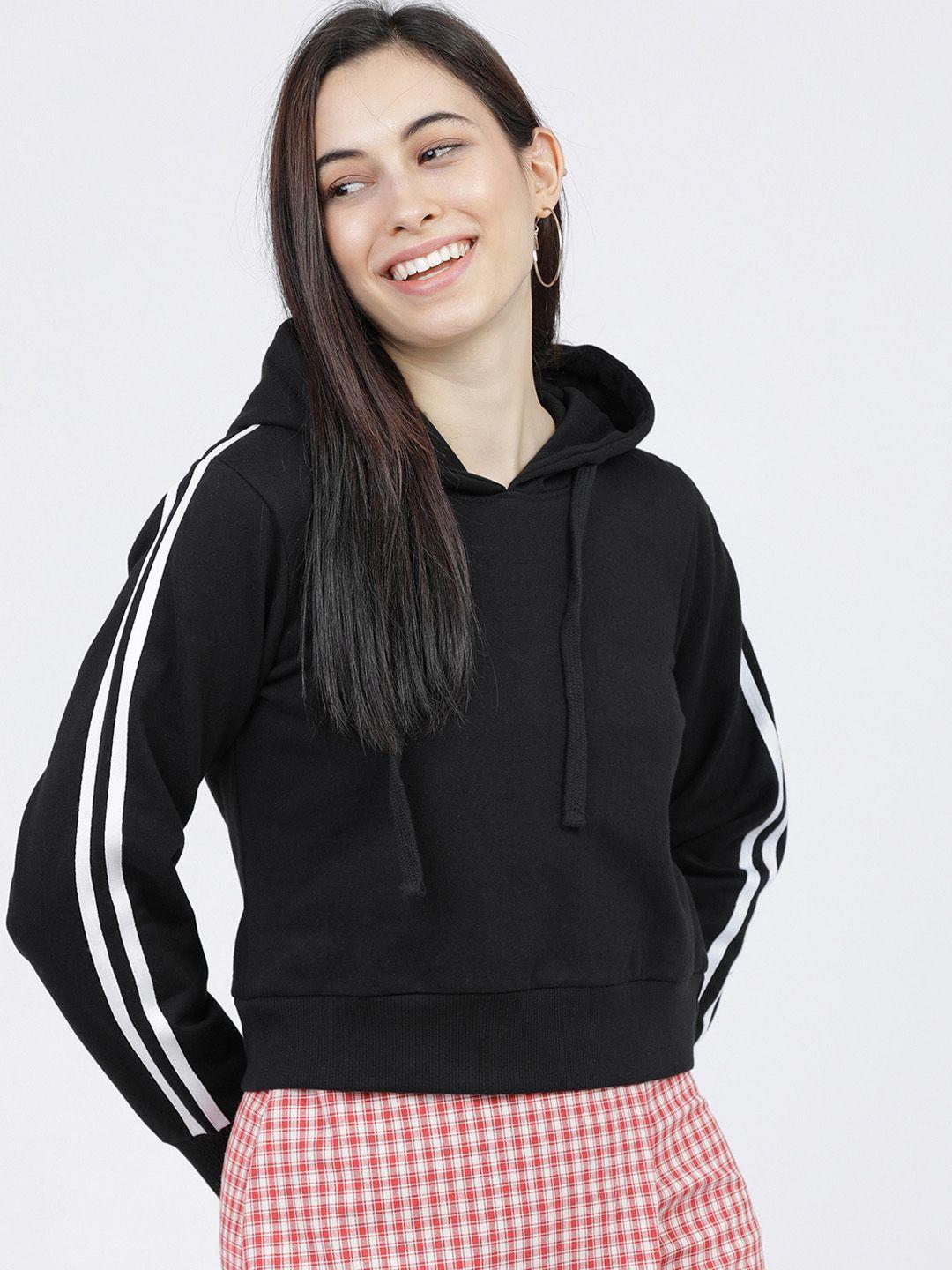 tokyo talkies women black & white solid hooded sweatshirt