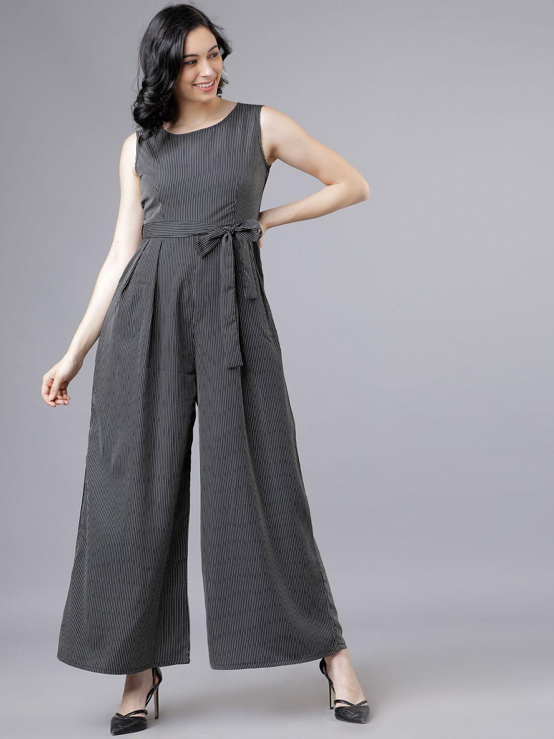 tokyo talkies women black & white striped basic jumpsuit