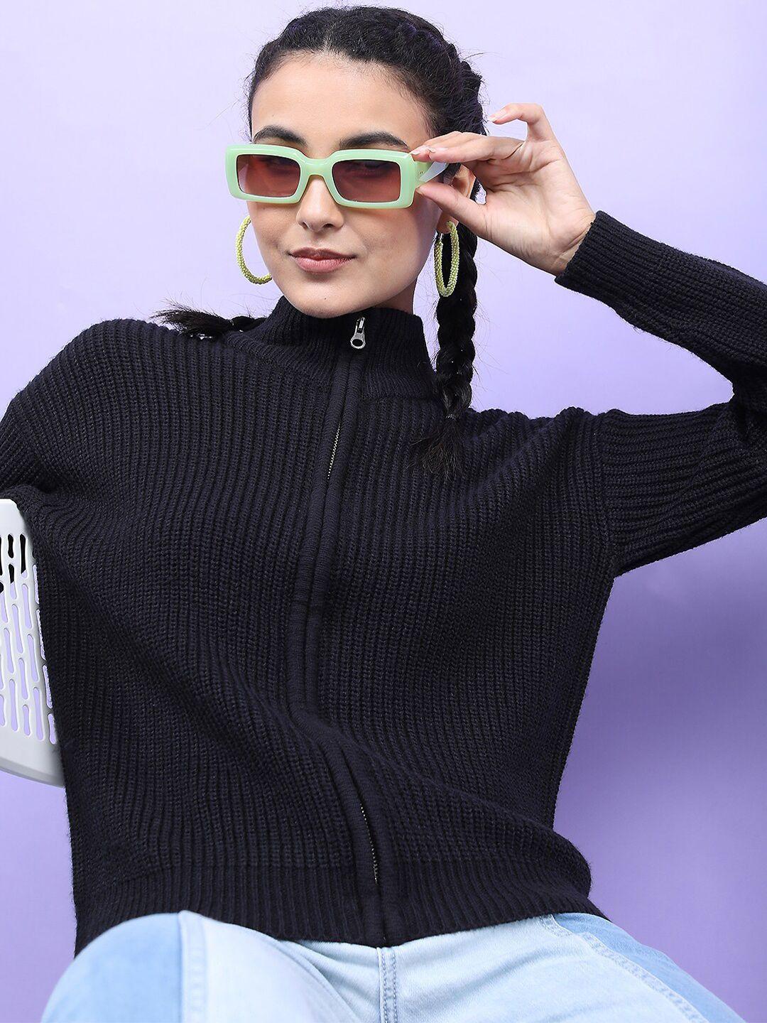 tokyo talkies women black cable knit acrylic cardigan