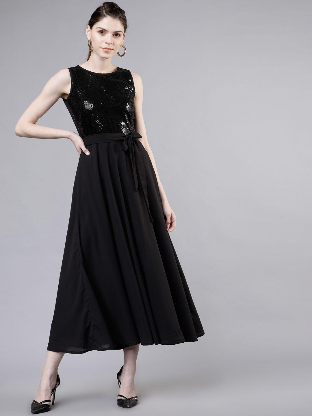 tokyo talkies women black embellished fit and flare dress