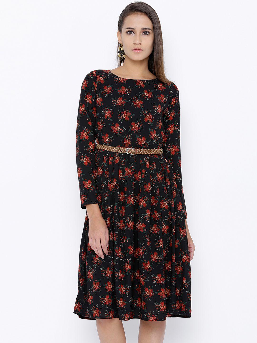 tokyo talkies women black floral print fit & flare dress