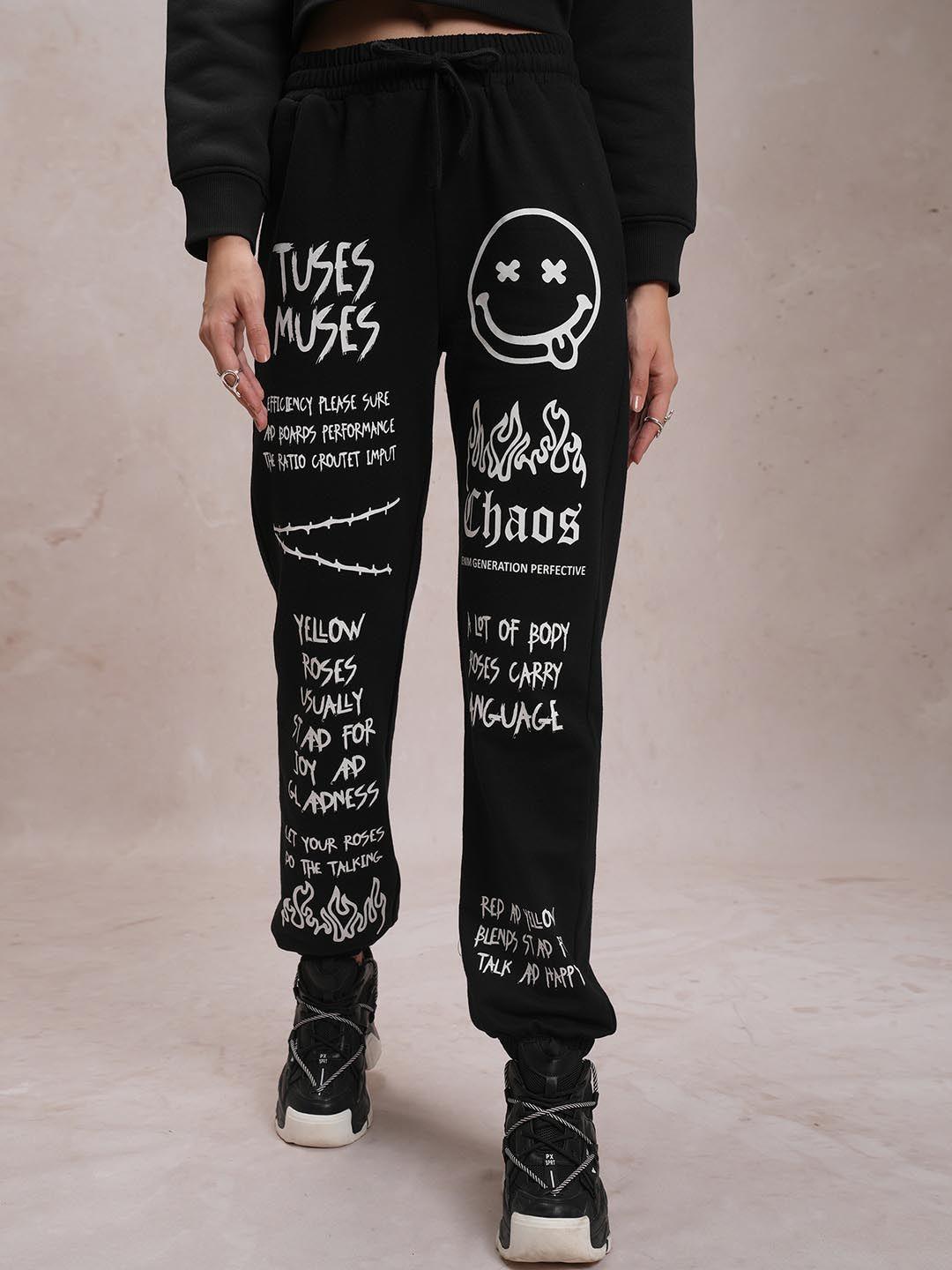 tokyo talkies women black mid-rise typography printed joggers