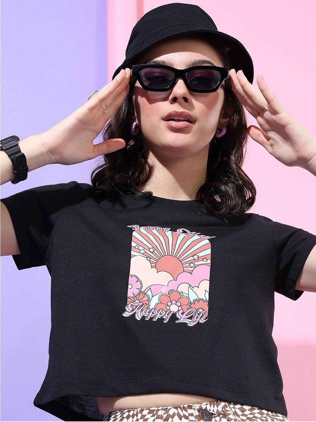 tokyo talkies women black printed slim fit t-shirt