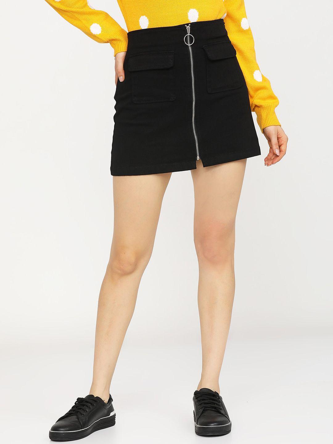 tokyo talkies women black solid a-line mini skirt