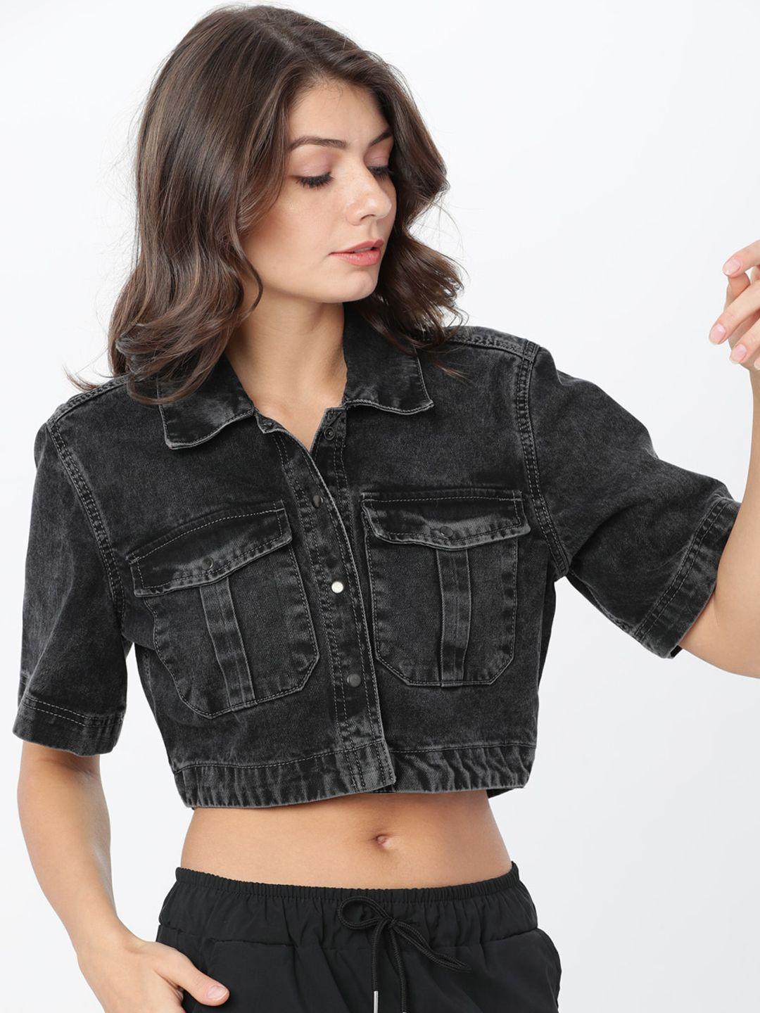 tokyo talkies women black solid cotton denim crop jacket