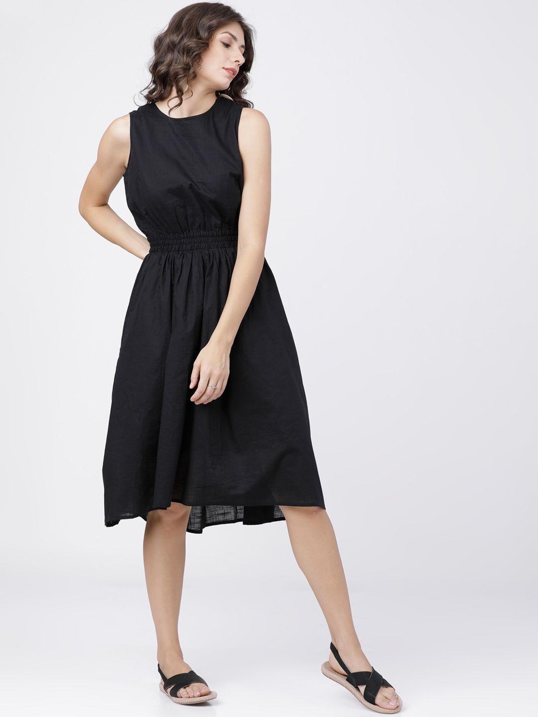 tokyo talkies women black solid fit and flare dress