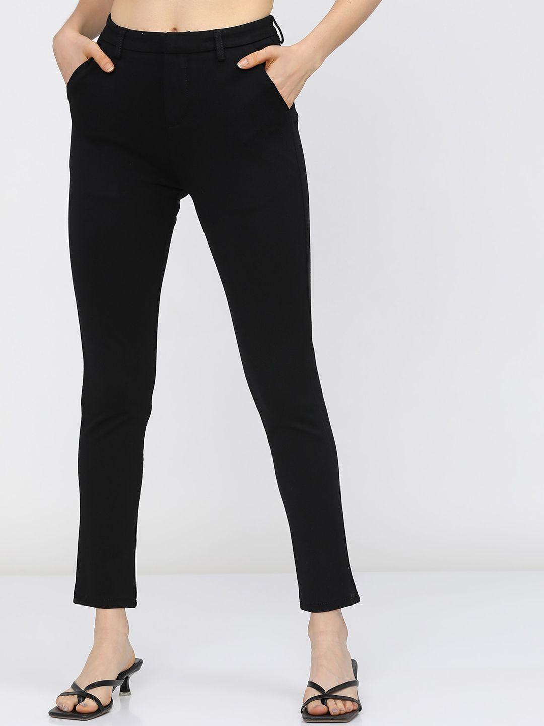 tokyo talkies women black solid slim fit trousers