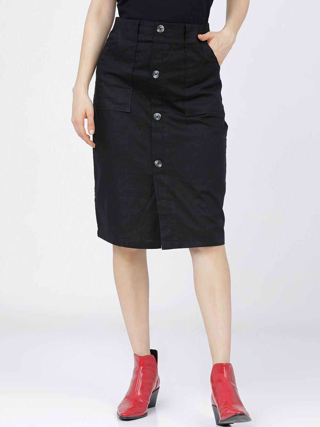 tokyo talkies women black solid straight midi skirt