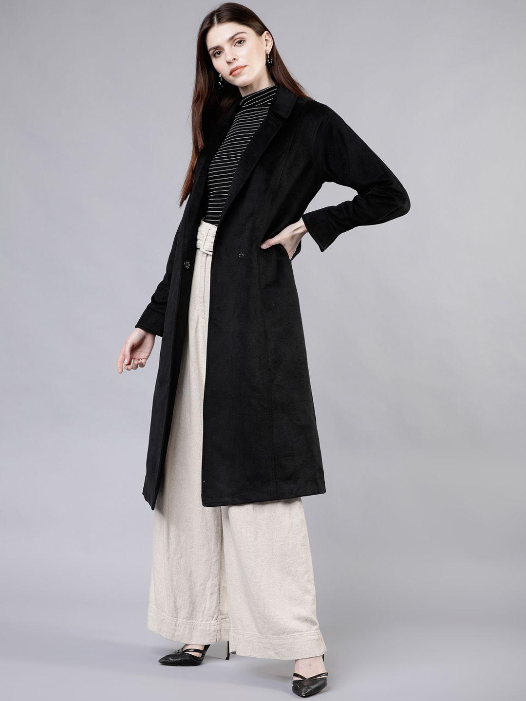 tokyo talkies women black solid trench coat