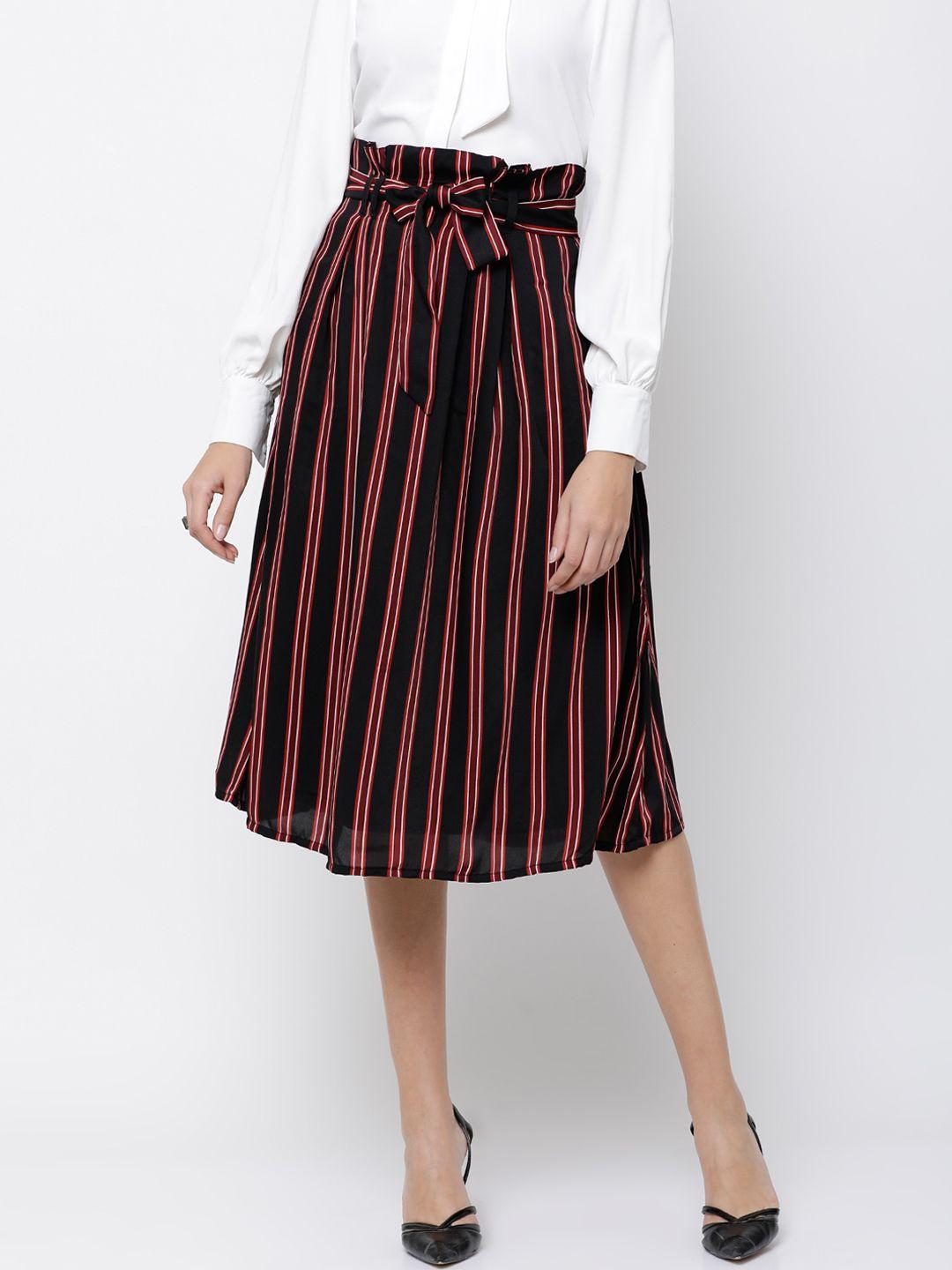 tokyo talkies women black striped a-line midi skirt