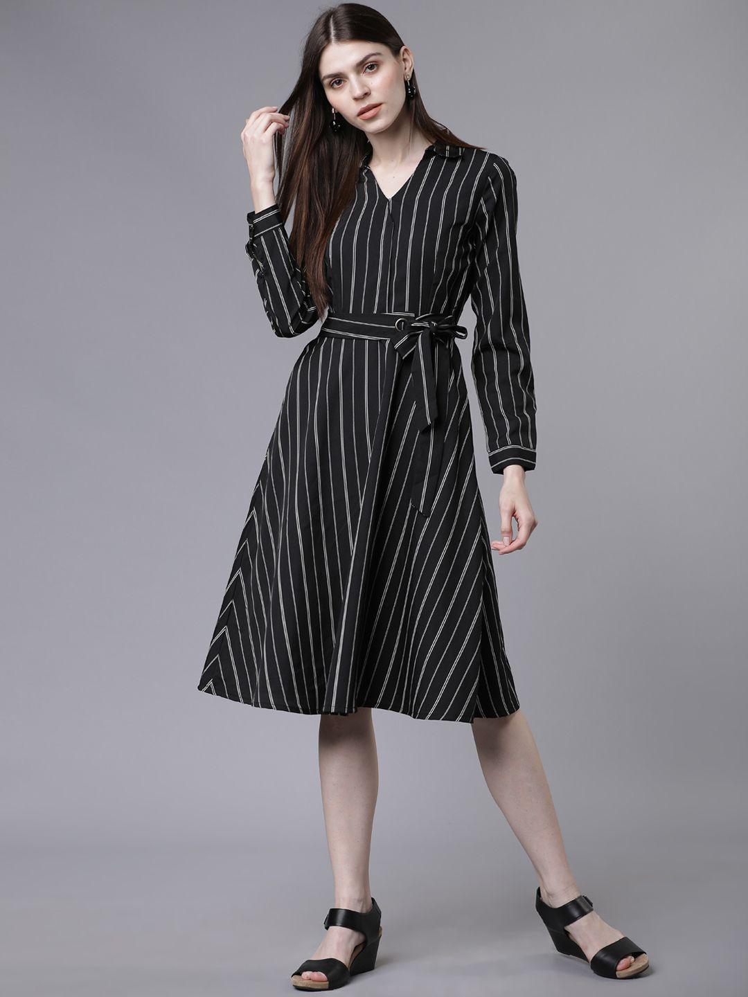 tokyo talkies women black striped fit and flare dress