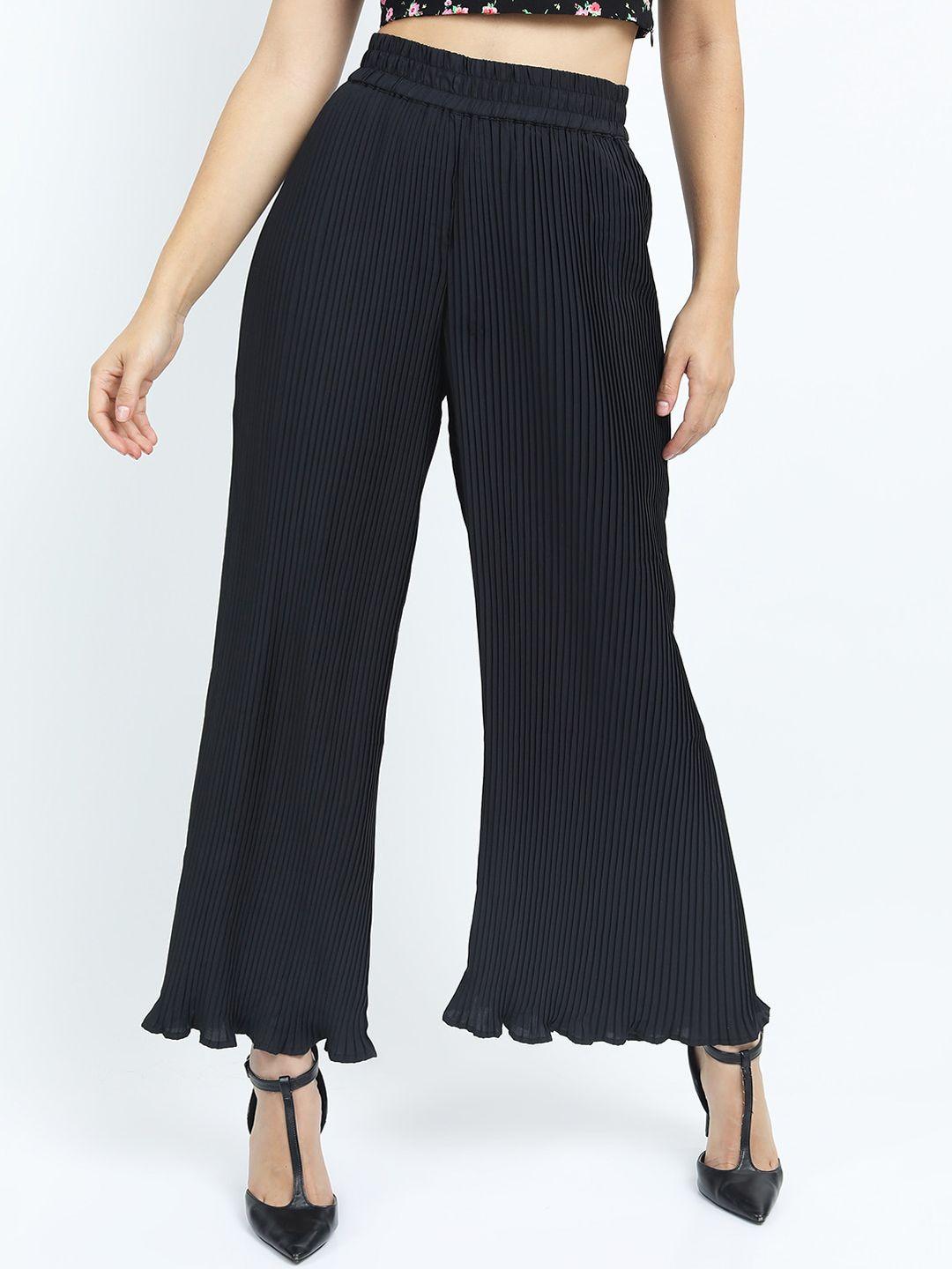 tokyo talkies women black striped flared trousers