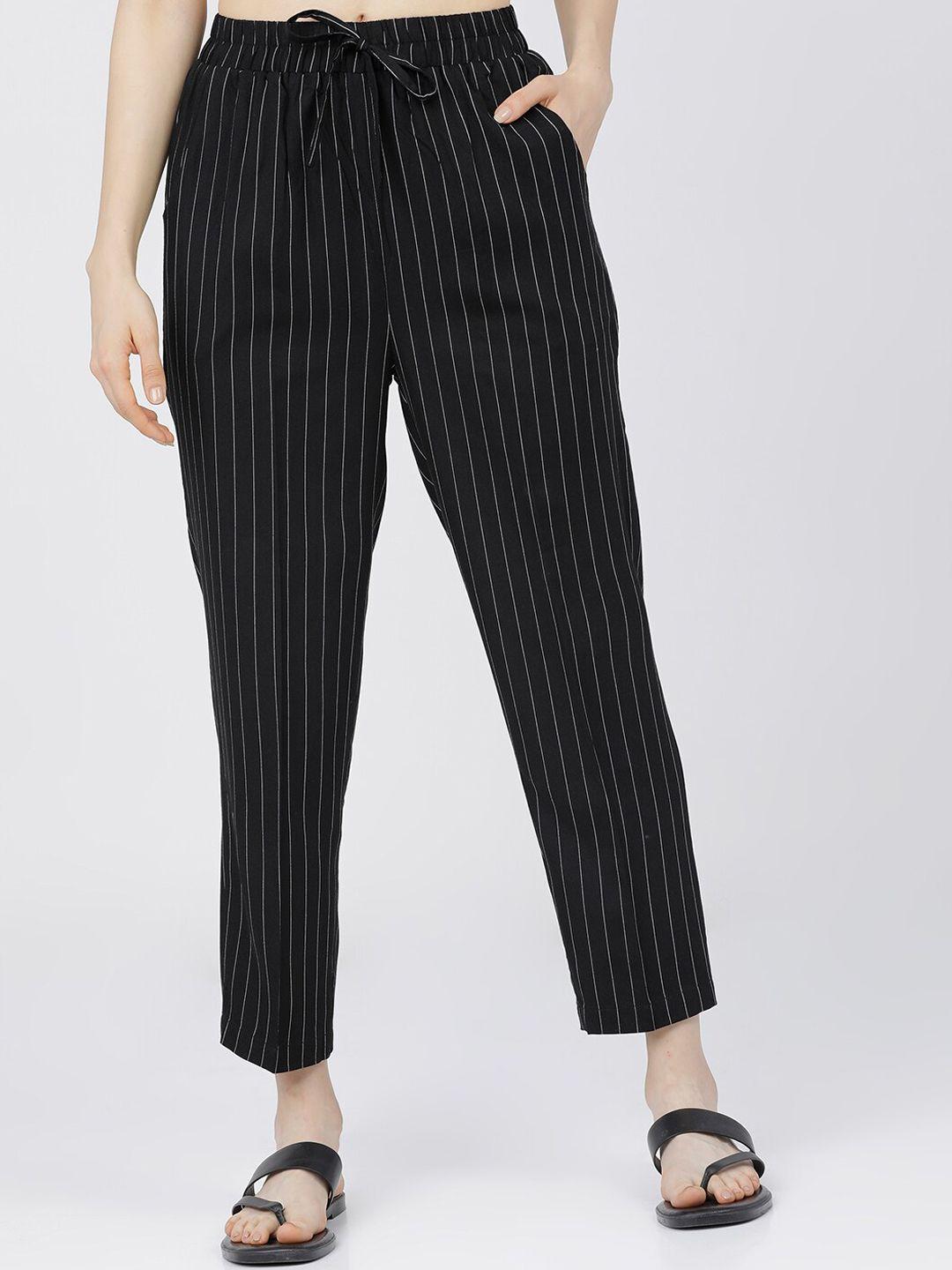 tokyo talkies women black striped pleated trousers