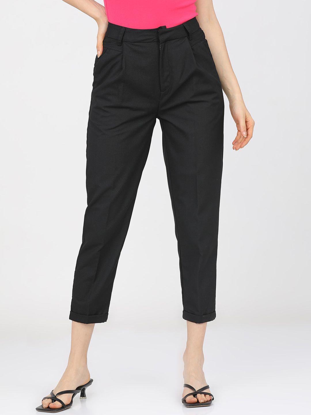 tokyo talkies women black tapered fit easy wash pleated trousers