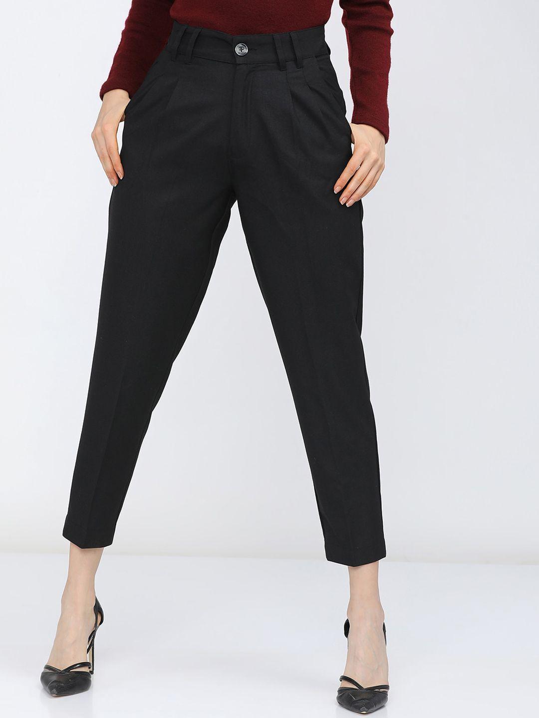 tokyo talkies women black tapered fit pleated trousers