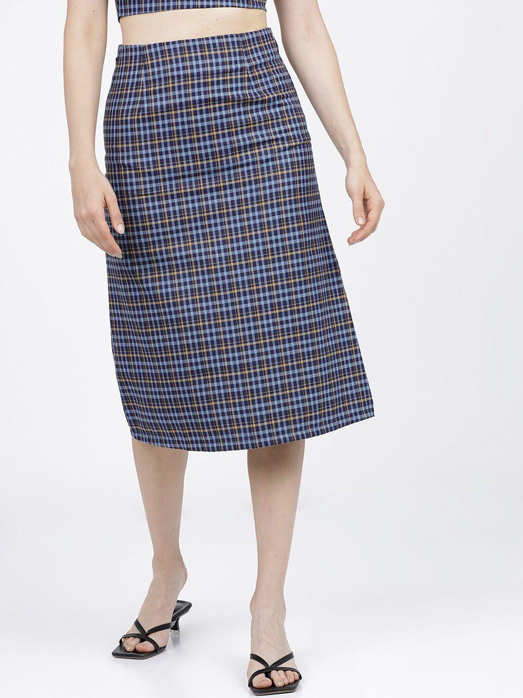 tokyo talkies women blue & black checked a-line midi skirt