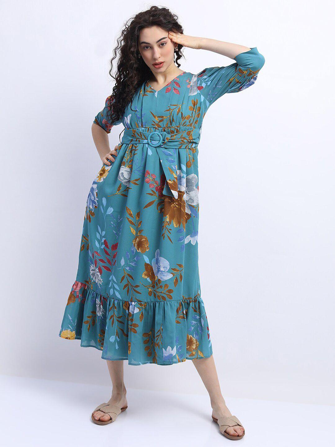 tokyo talkies women blue & brown floral belted empire midi dress