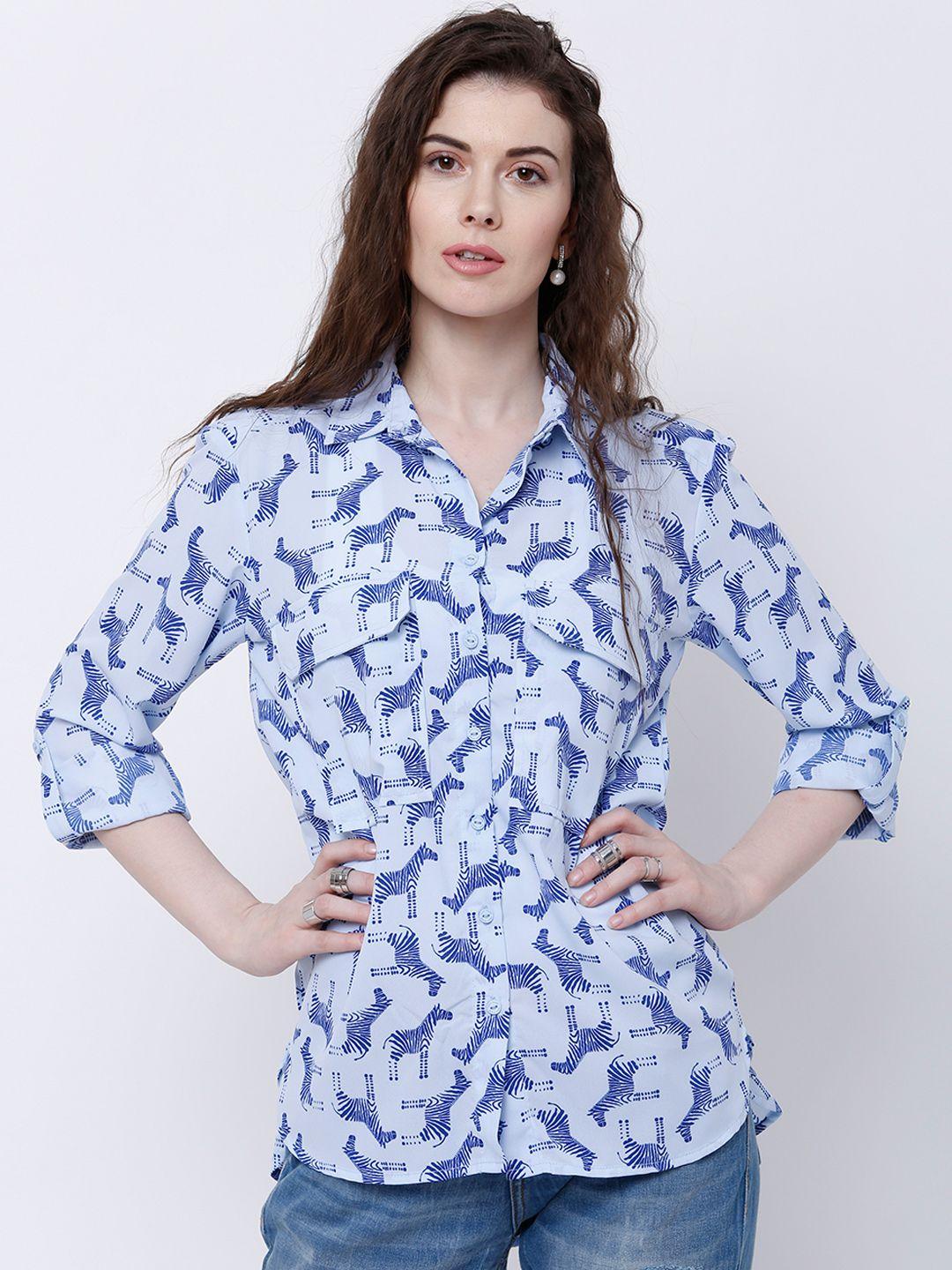 tokyo talkies women blue & white printed casual shirt