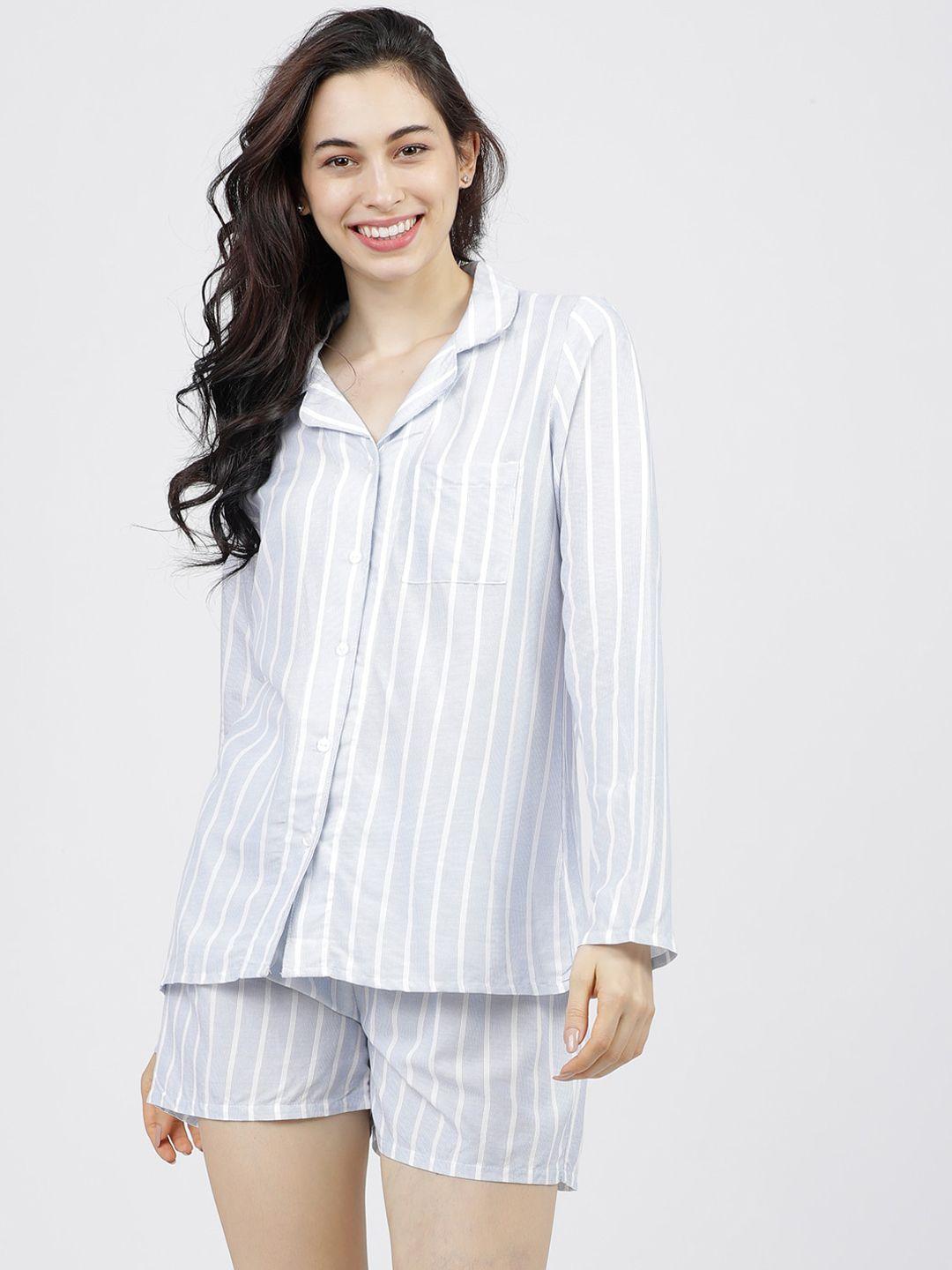 tokyo talkies women blue & white striped night suit