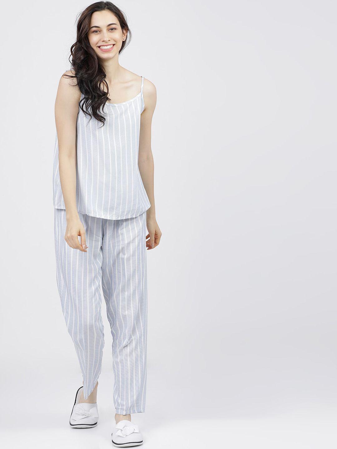 tokyo talkies women blue & white striped night suit