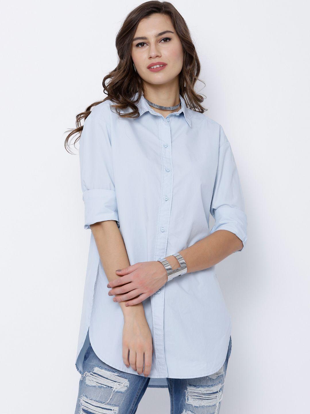 tokyo talkies women blue classic regular fit solid longline casual shirt
