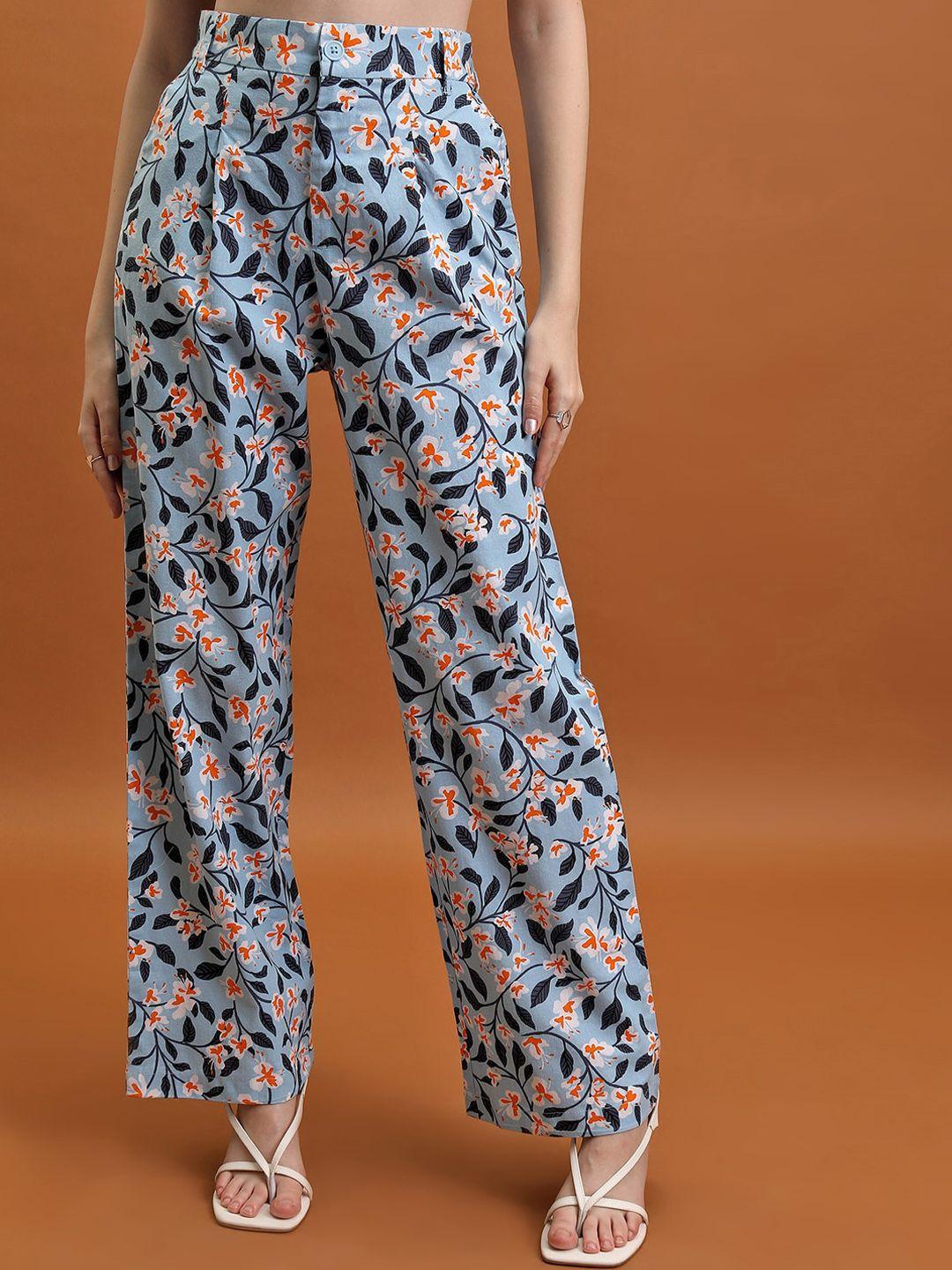 tokyo talkies women blue floral printed high-rise cotton trousers