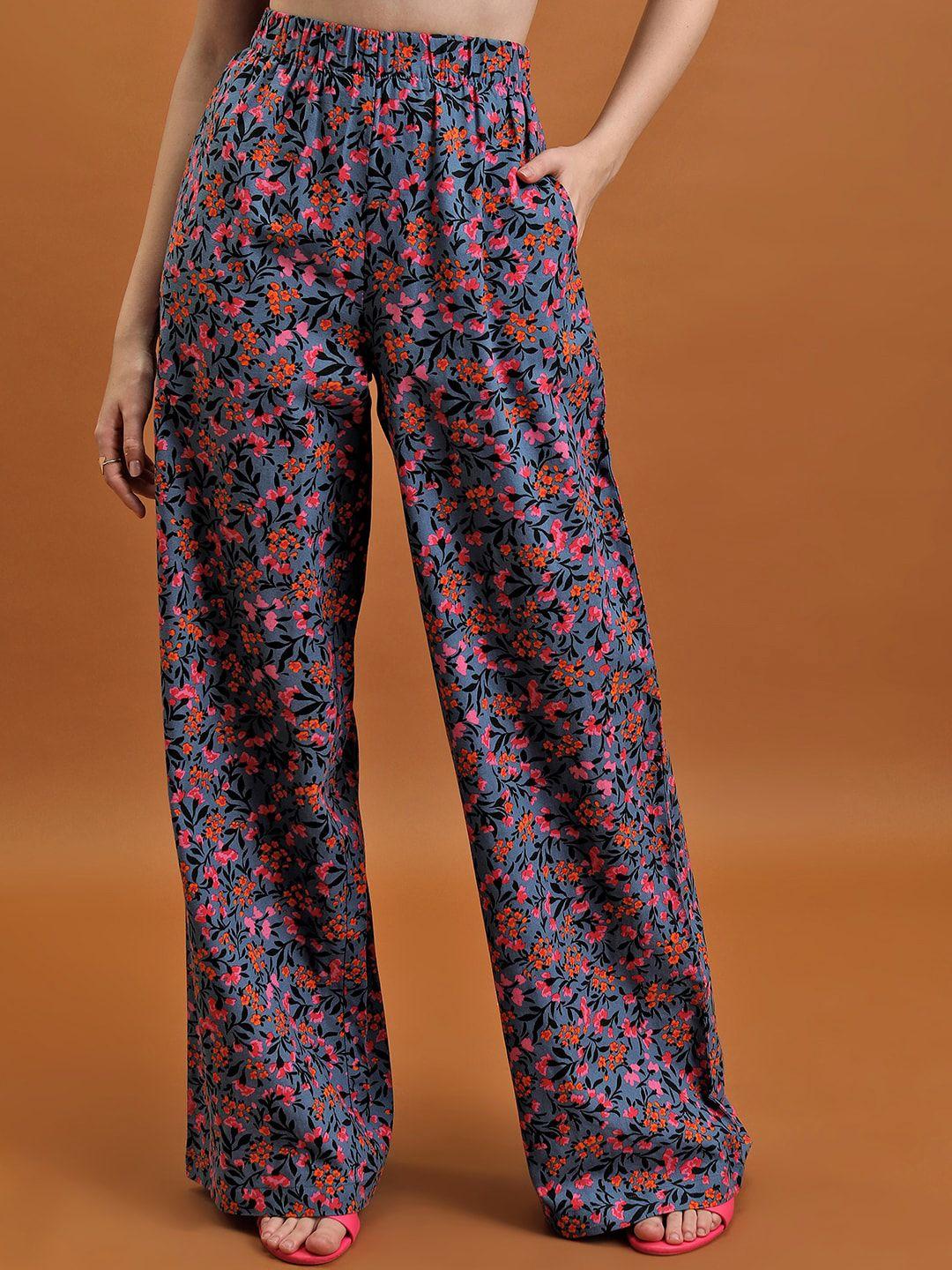 tokyo talkies women blue floral printed high-rise cotton trousers