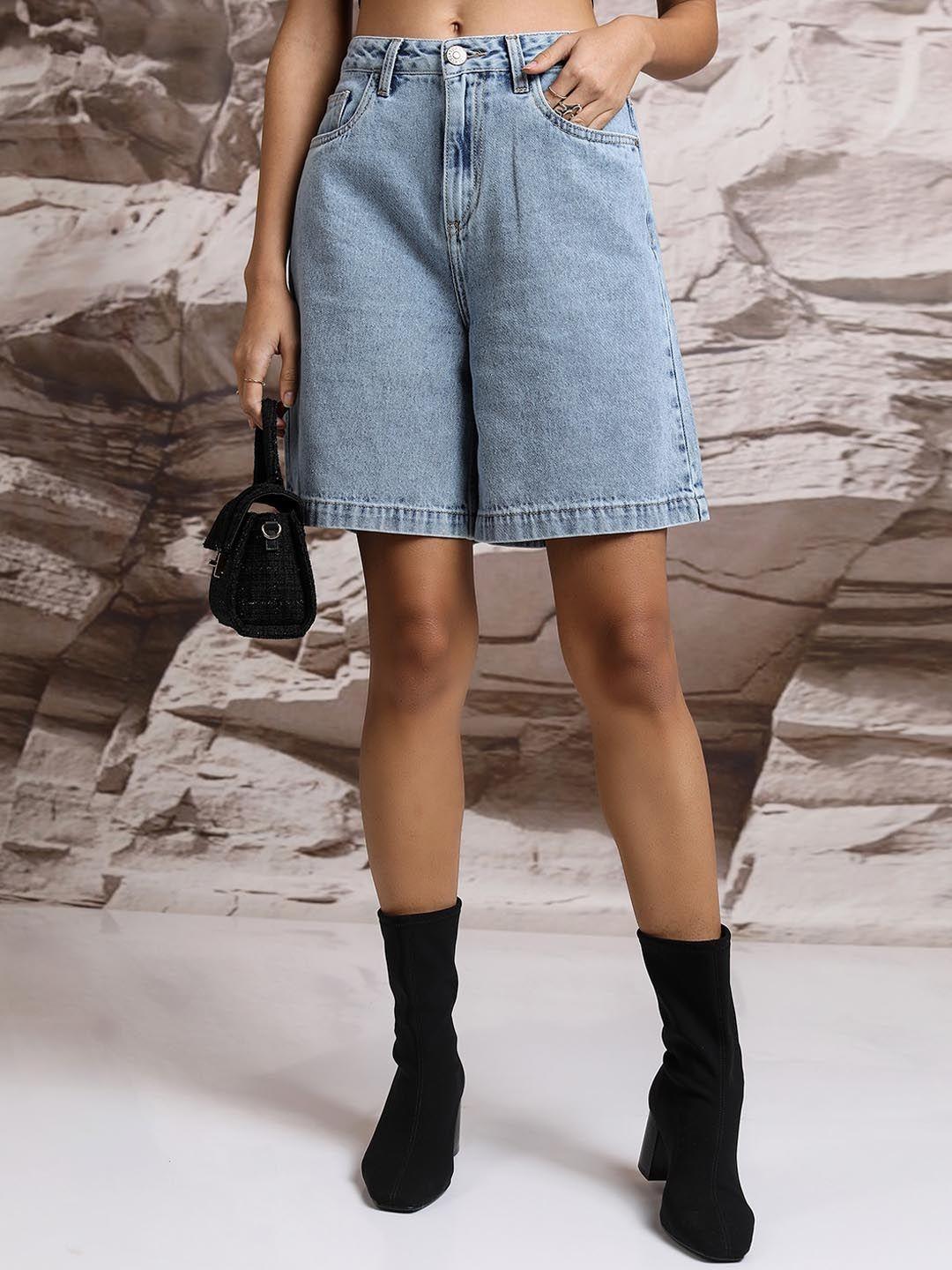 tokyo talkies women blue high rise cotton denim shorts
