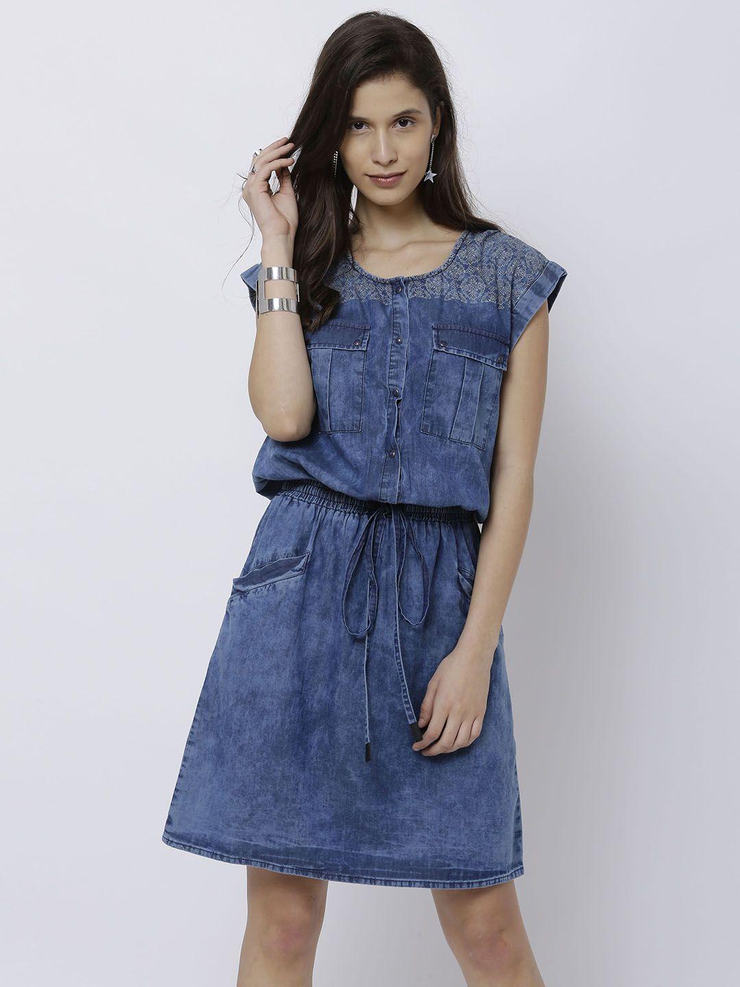 tokyo talkies women blue printed blouson dress